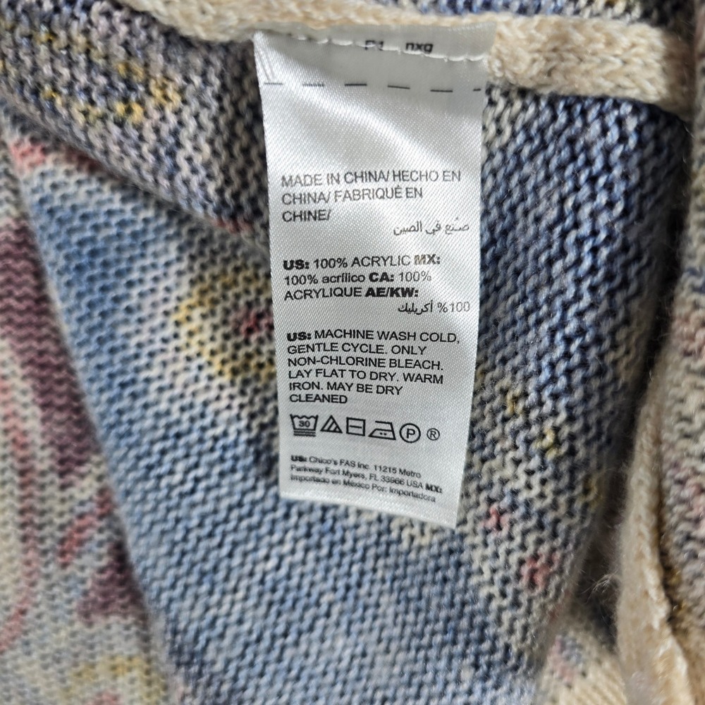 Chicos Paisley Open Front Cardigan Blue Cream Duster Sweater Size 2 L Large - Picture 7 of 7